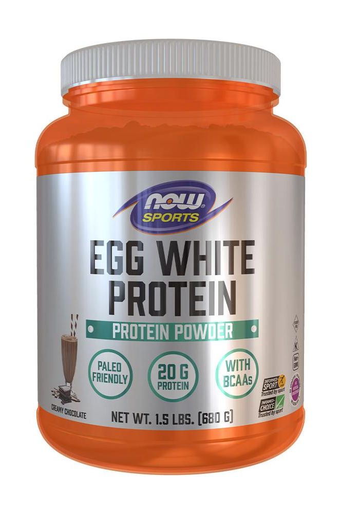 NOW Sports Egg White Protein powder in Creamy Chocolate flavor, 680 g, 20 g protein per serving, paleo friendly.