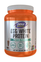 NOW Sports Egg White Protein powder in Creamy Chocolate flavor, 680 g, 20 g protein per serving, paleo friendly.