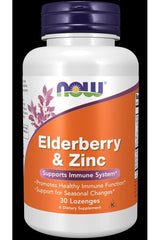 NOW Foods Elderberry & Zinc bottle, 30 lozenges, supports immune system and contains natural ingredients.