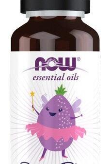 NOW Foods Sugar Plum essential oil 30 ml bottle featuring a playful fairy character for natural aromatherapy.