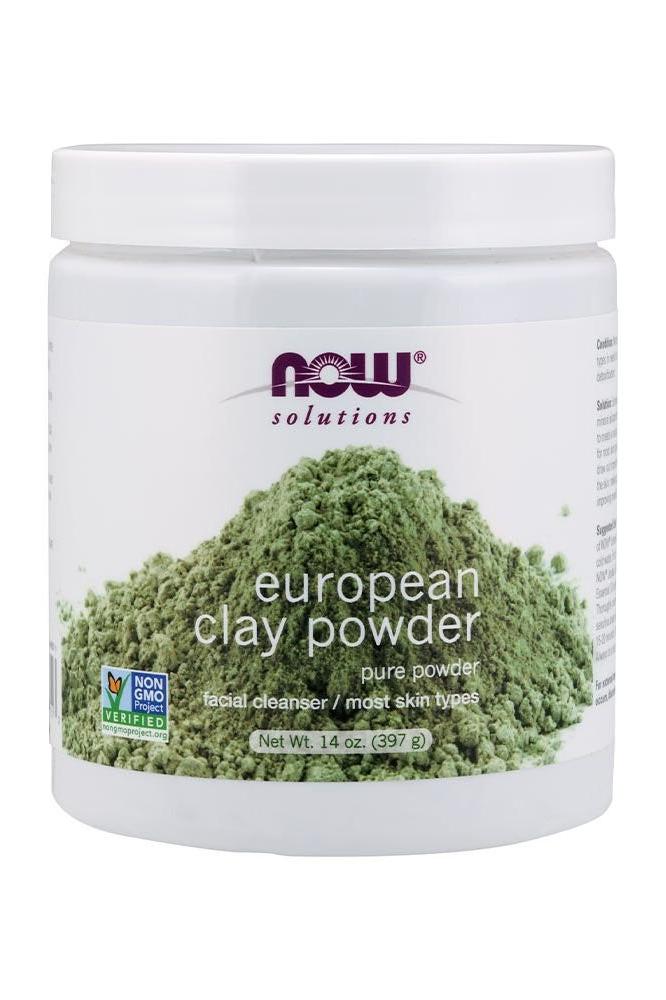 NOW European Clay Powder in a 397g jar, suitable for deep cleansing and detoxifying various skin types.