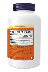 Now Foods Flax Oil 1000 mg Vegan Formula supplement facts label on a bottle of 120 veggie softgels.