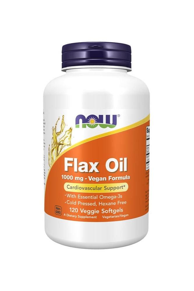Now Foods Flax Oil 1000 mg Vegan Formula, 120 Veggie Softgels for cardiovascular support and Omega-3 benefits.