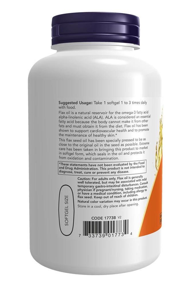 Back of Now Foods Flax Oil bottle detailing usage and benefits of Omega-3 fatty acids in vegan softgels. Back of Now Foods Flax Oil bottle detailing usage and benefits of Omega-3 fatty acids in vegan softgels.