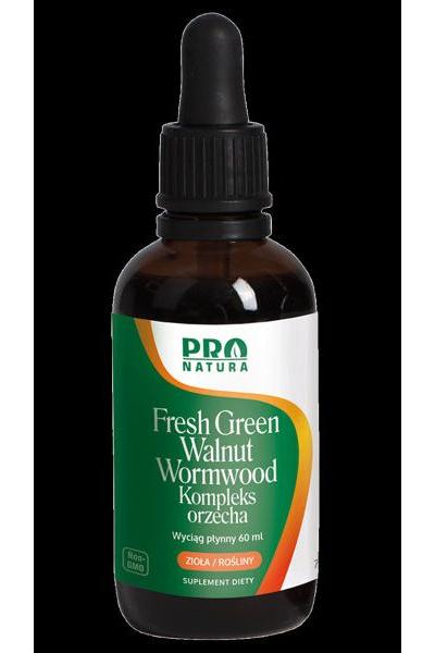NOW Foods Fresh Green Walnut Wormwood extract bottle, 59 ml, supports digestion with natural ingredients.