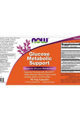 Now Foods Glucose Metabolic Support supplement label featuring GlucoFit in 90 veg capsules for blood sugar management.