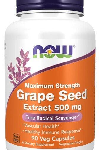 NOW Foods Grape Seed Extract 500 mg - Dietary supplement for vascular health and immune support in 90 veg capsules.