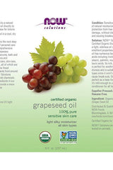 Now Foods Organic Grapeseed Oil 237ml, 100% pure moisturizer for sensitive skin, enriched with beneficial fatty acids.
