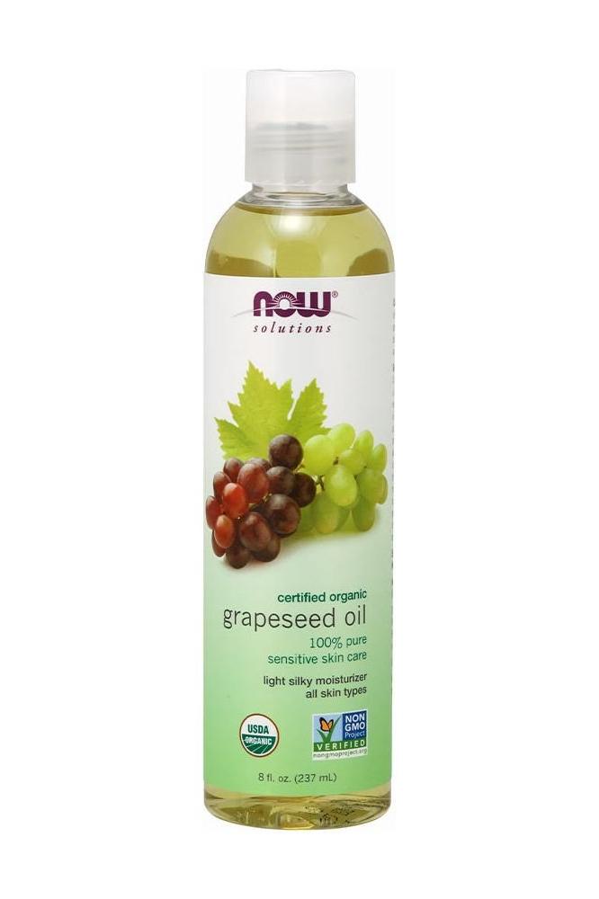 Now Foods organic grapeseed oil 237 ml bottle, 100% pure sensitive skin moisturizer for all skin types.