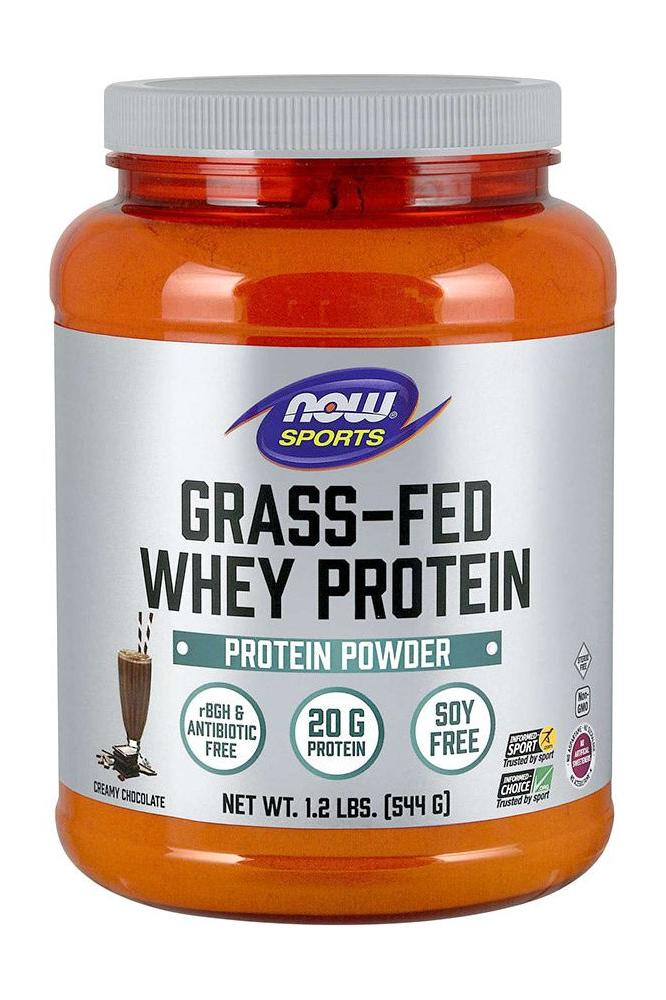 Now Foods Grass-Fed Whey Protein powder, 20g protein per serving, RBGH and antibiotic-free, creamy chocolate flavor.