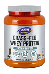 Now Foods Grass-Fed Whey Protein powder, 20g protein per serving, RBGH and antibiotic-free, creamy chocolate flavor.
