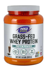 Now Foods Grass-Fed Whey Protein powder, 20g protein per serving, RBGH and antibiotic-free, creamy chocolate flavor.