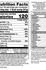 Now Foods Grass-Fed Whey Protein nutrition facts label displaying calories, protein, and essential amino acids.