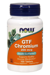 NOW Foods GTF Chromium supplement bottle, 200mcg, supports healthy glucose metabolism, 100 vegan tablets.