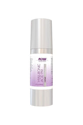 NOW Hyaluronic Acid Night Crème in a silver pump bottle for moisturizing and skin rejuvenation.