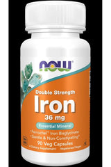 NOW Foods Double Strength Iron 36 mg essential mineral supplement in 90 veg capsules.