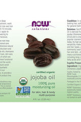 NOW Certified Organic Jojoba Oil 118 ml bottle for skin, hair, and body care, containing pure moisturizing oil.