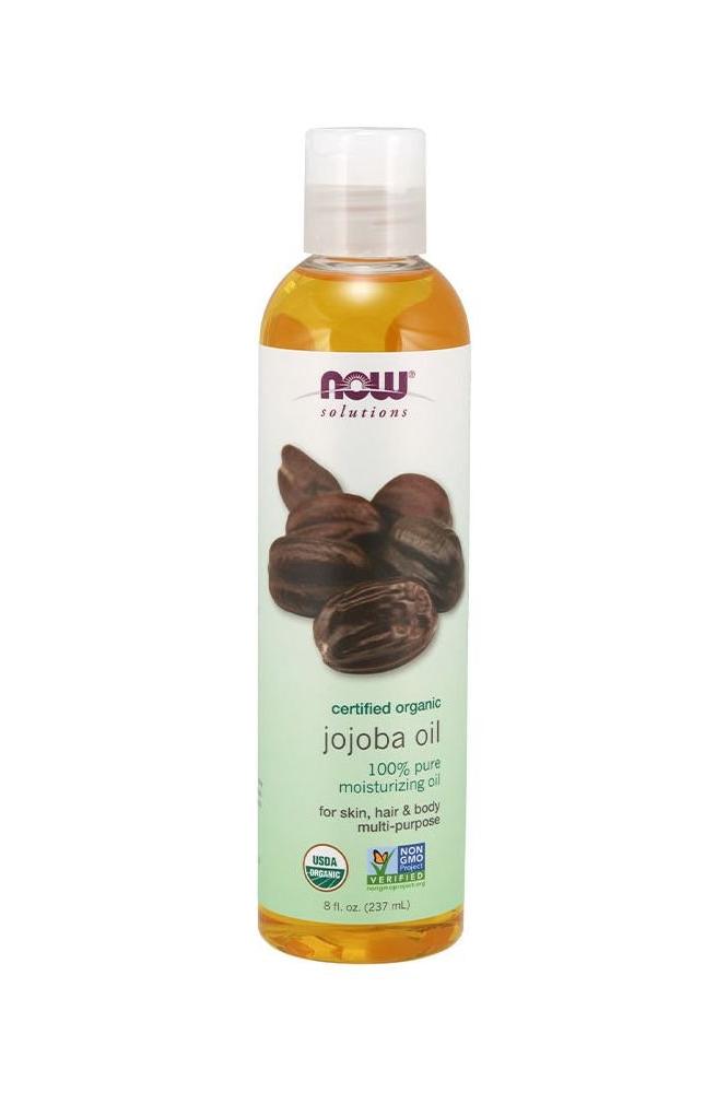 Now Foods certified organic jojoba oil, 237 ml bottle for skin, hair, and body hydration and care.