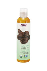 Now Foods certified organic jojoba oil, 237 ml bottle for skin, hair, and body hydration and care.