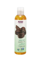Now Foods certified organic jojoba oil, 237 ml bottle for skin, hair, and body hydration and care.