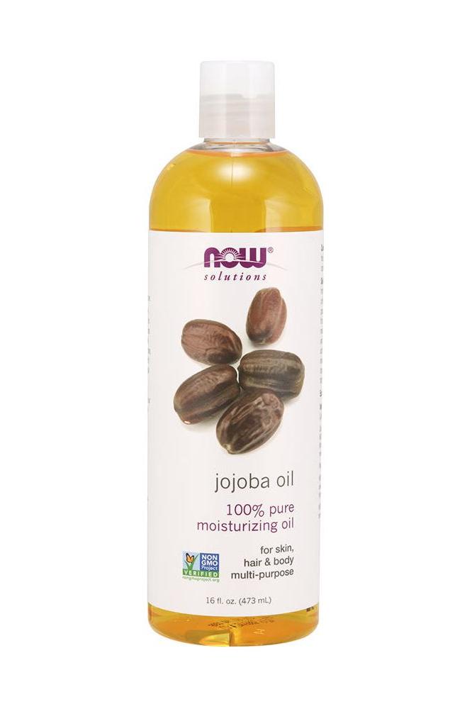 Now Foods Jojoba Oil bottle, 100% pure moisturizing oil for skin, hair, and body, 16 fl oz.