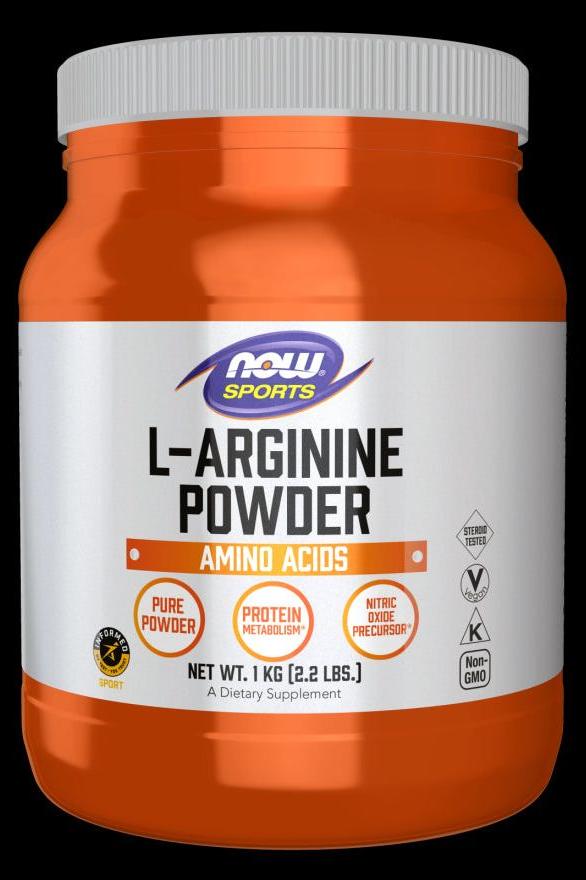 NOW Foods L-Arginine powder supplement in orange container, 1000 g (2.2 lbs), supports protein metabolism.