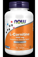 NOW Foods L-Carnitine 1000mg supplement bottle for energy and fitness support, 100 tablets, vegetarian