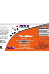 Now Foods L-Carnitine 500 mg supplement label showing benefits and serving size for fitness support.