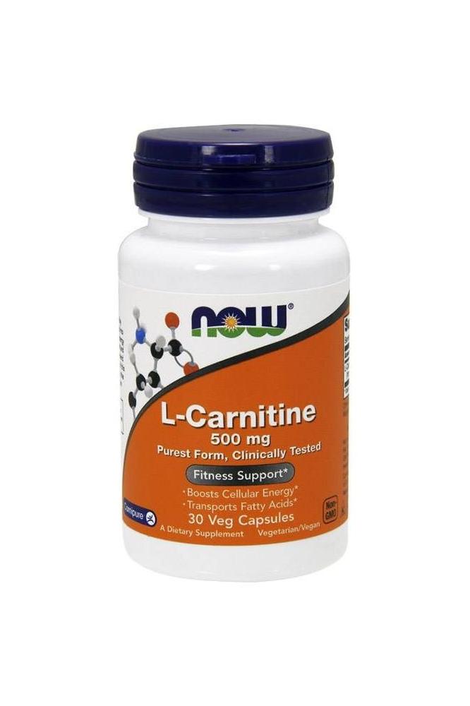 Now Foods L-Carnitine 500 mg supplement bottle for fitness support and cellular energy boost.