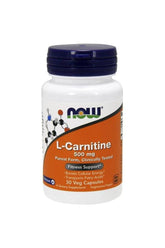 Now Foods L-Carnitine 500 mg supplement bottle for fitness support and cellular energy boost.