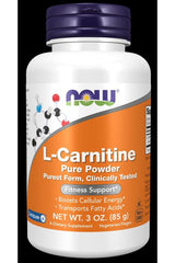 NOW Foods L-Carnitine pure powder supplement bottle for fitness and energy support, 85 g.