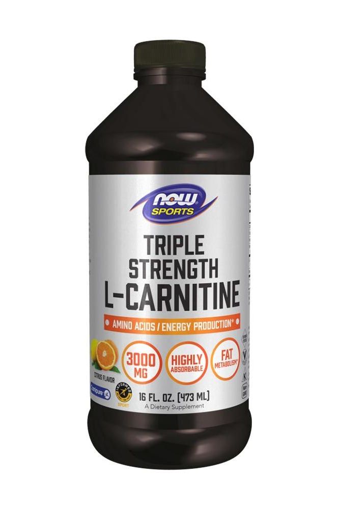 Now Foods Triple Strength L-Carnitine liquid supplement, 473 ml, supports energy production and fat metabolism.