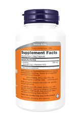 Now Foods L-Histidine 600 mg supplement bottle showcasing amino acid benefits on label, 60 vegetarian capsules.
