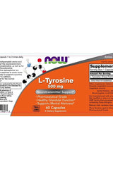 Now Foods L-Tyrosine 500 mg supplement packaging, 60 capsules, supports mental alertness and healthy glandular function.