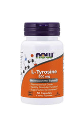 Now Foods L-Tyrosine 500 mg supplement bottle, supports mental alertness and healthy glandular function.