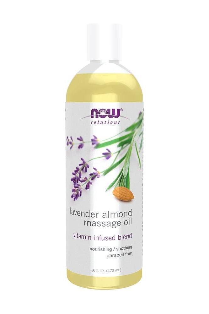 NOW Lavender Almond Massage Oil, 473 ml, nourishing and soothing blend with lavender and almond oils.