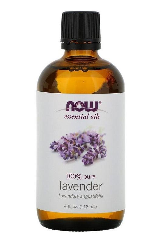 NOW Foods 100% pure lavender oil bottle, 118 ml, known for its calming and stress-reducing properties.