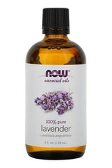 NOW Foods 100% pure lavender oil bottle, 118 ml, known for its calming and stress-reducing properties.