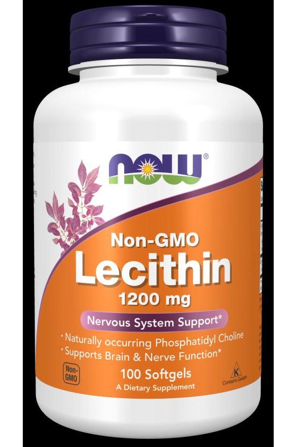 NOW Foods Lecithin 1200 mg softgels bottle, supports brain and nerve function, 100 count.