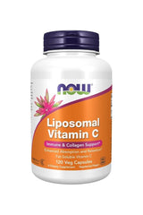 NOW Liposomal Vitamin C supplement bottle containing 120 vegetarian capsules for immune and collagen support.