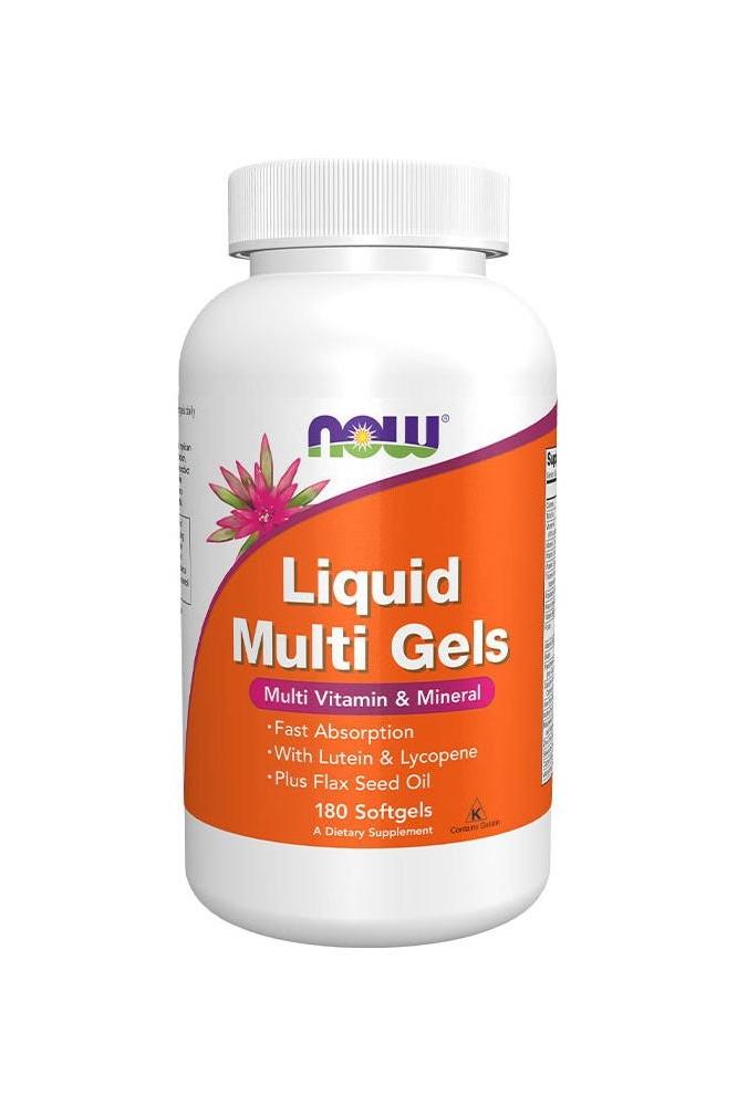 NOW Liquid Multi Gels bottle with 180 softgels for fast nutrient absorption and added flax seed oil.