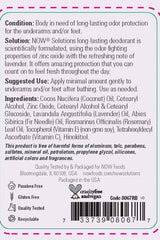 Now Foods long-lasting deodorant stick label detailing ingredients and usage recommendations for refreshing lavender scent.