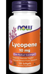NOW Foods Lycopene 10 mg, 120 softgels, supports vascular health and immune function, natural tomato extract.