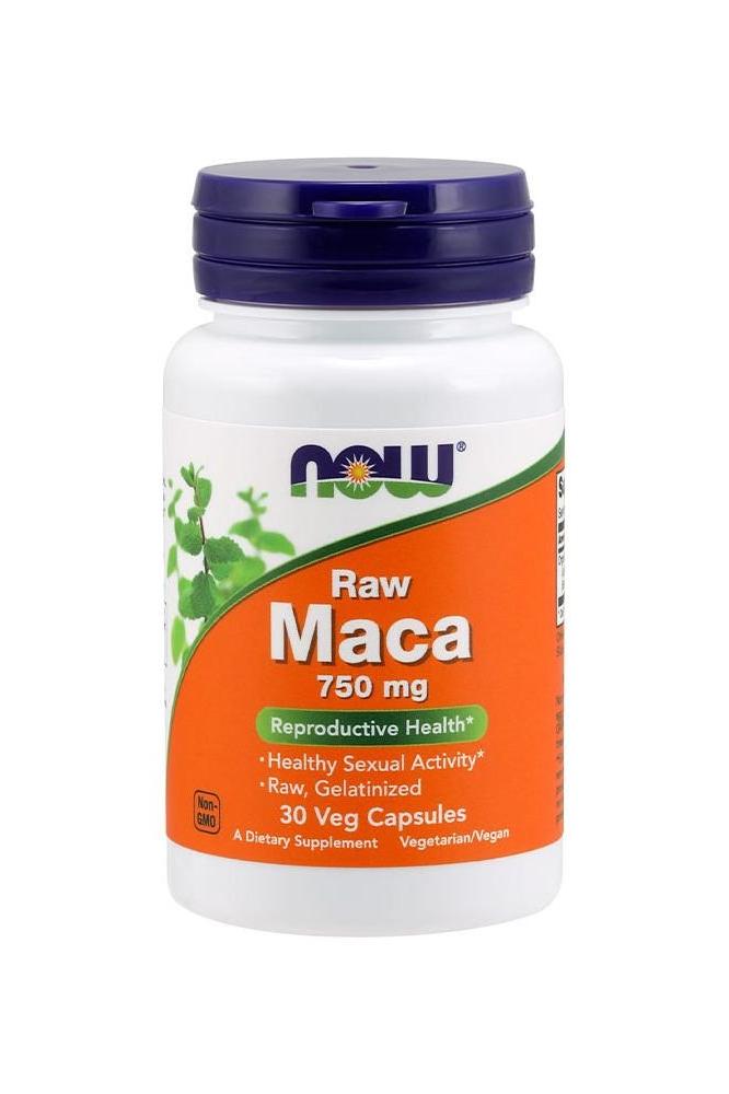 Now Foods Raw Maca 750 mg supplement bottle for reproductive health, featuring 30 vegetarian capsules.