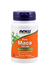 Now Foods Raw Maca 750 mg supplement bottle for reproductive health, featuring 30 vegetarian capsules.
