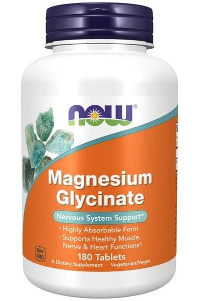 NOW Foods Magnesium Glycinate supplement bottle for muscle and nerve support, containing 180 highly absorbable tablets.