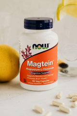 Now Foods Magtein Magnesium L-Threonate supplement bottle, supporting memory and brain health.