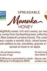Label for NOW Foods Manuka Honey, highlighting its creamy texture and usage for tea, smoothies, and as a spread.