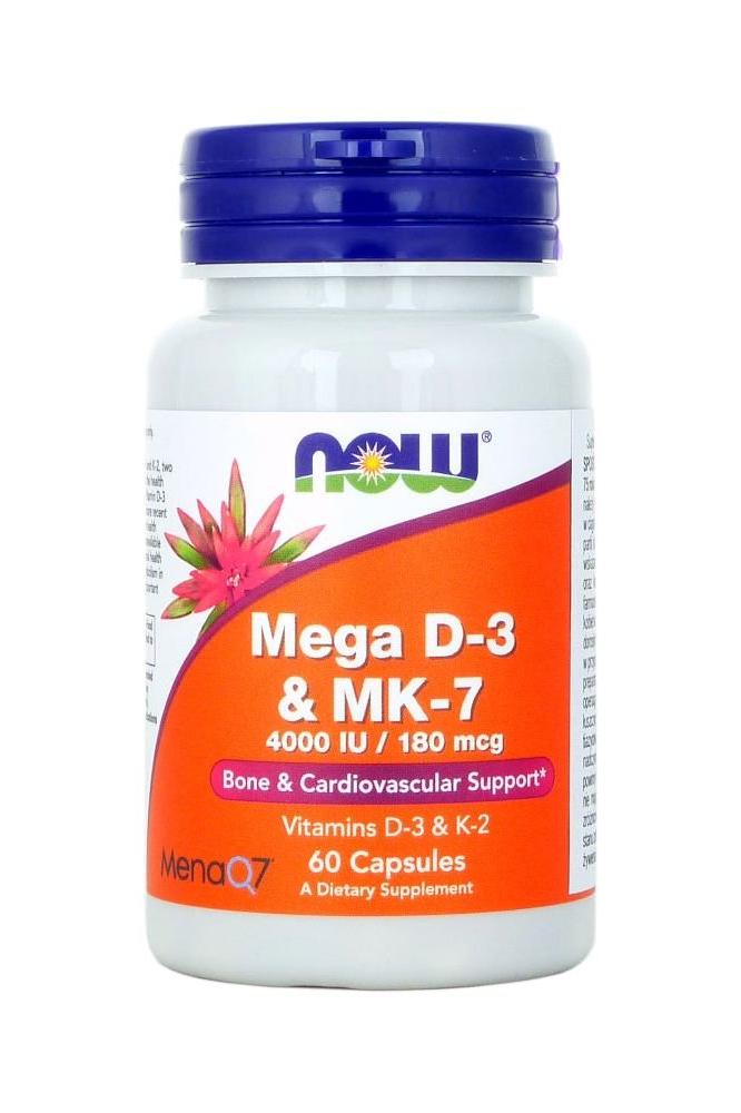 NOW Foods Mega D3 & MK-7 supplement bottle with 60 capsules for bone and cardiovascular support.