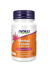 Now Foods Methyl Folate 5000 mcg bottle with 50 vegetarian capsules, superior bioavailability and active folate.